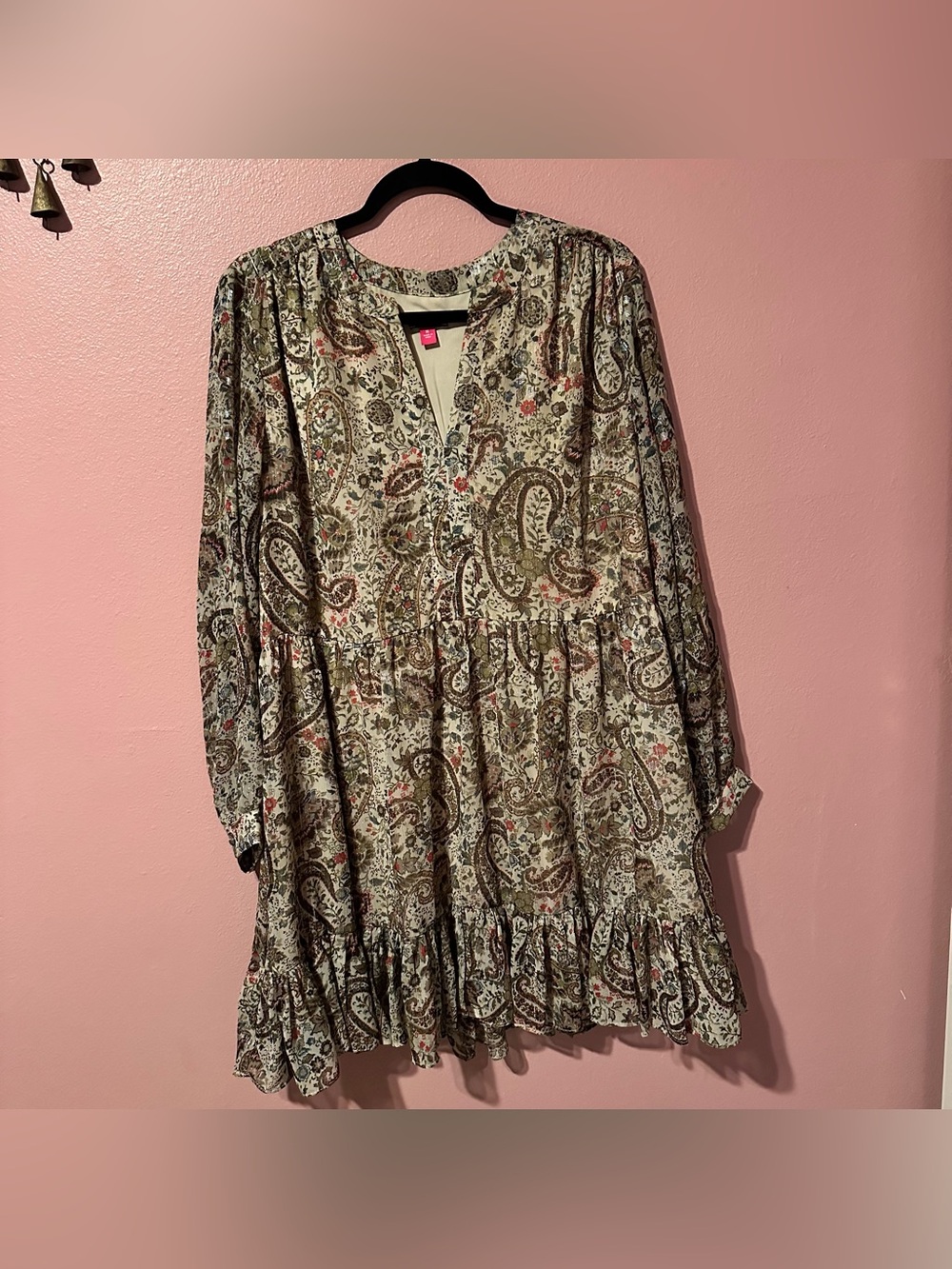 Vince Camuto Olive Multi Paisley Ruffled Long-Sleeve Dress
